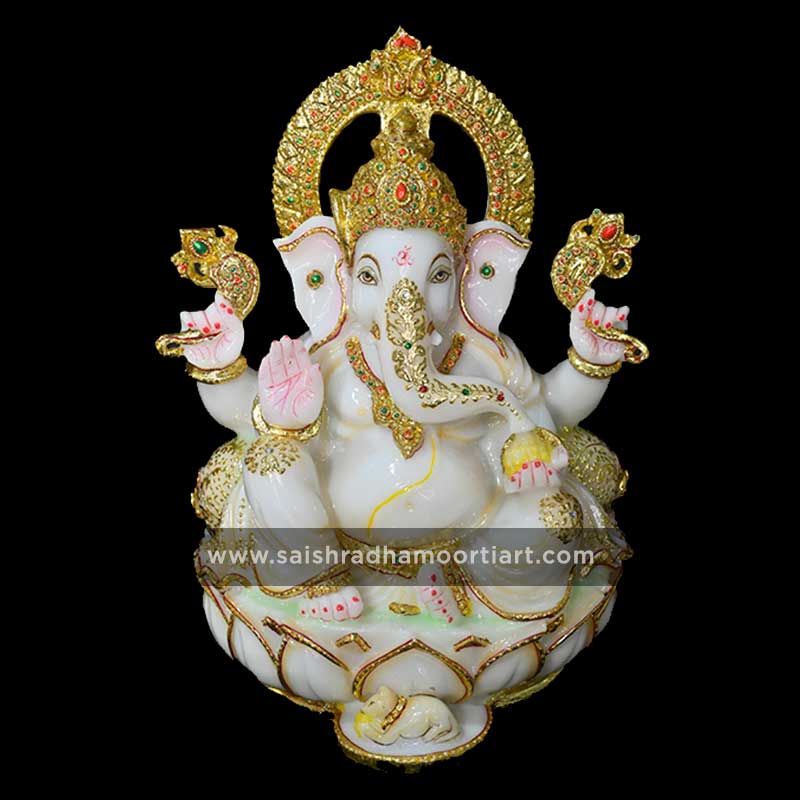 Marble Cultural White Gold Ganesha